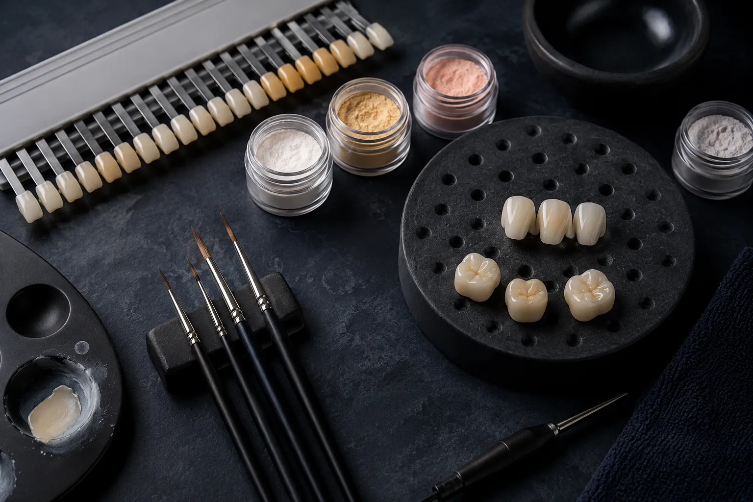 Dental ceramics bench with precision zirconia restorations, ceramic powders, and brushes