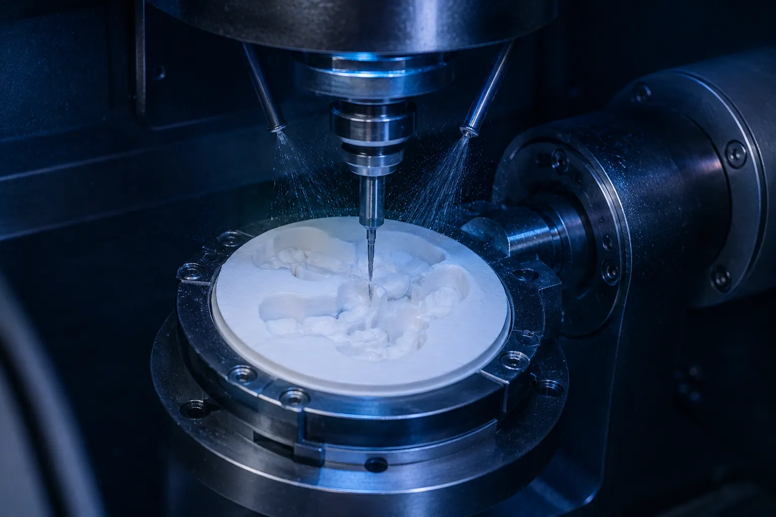 A five-axis CAD/CAM dental mill machining a zirconia disc