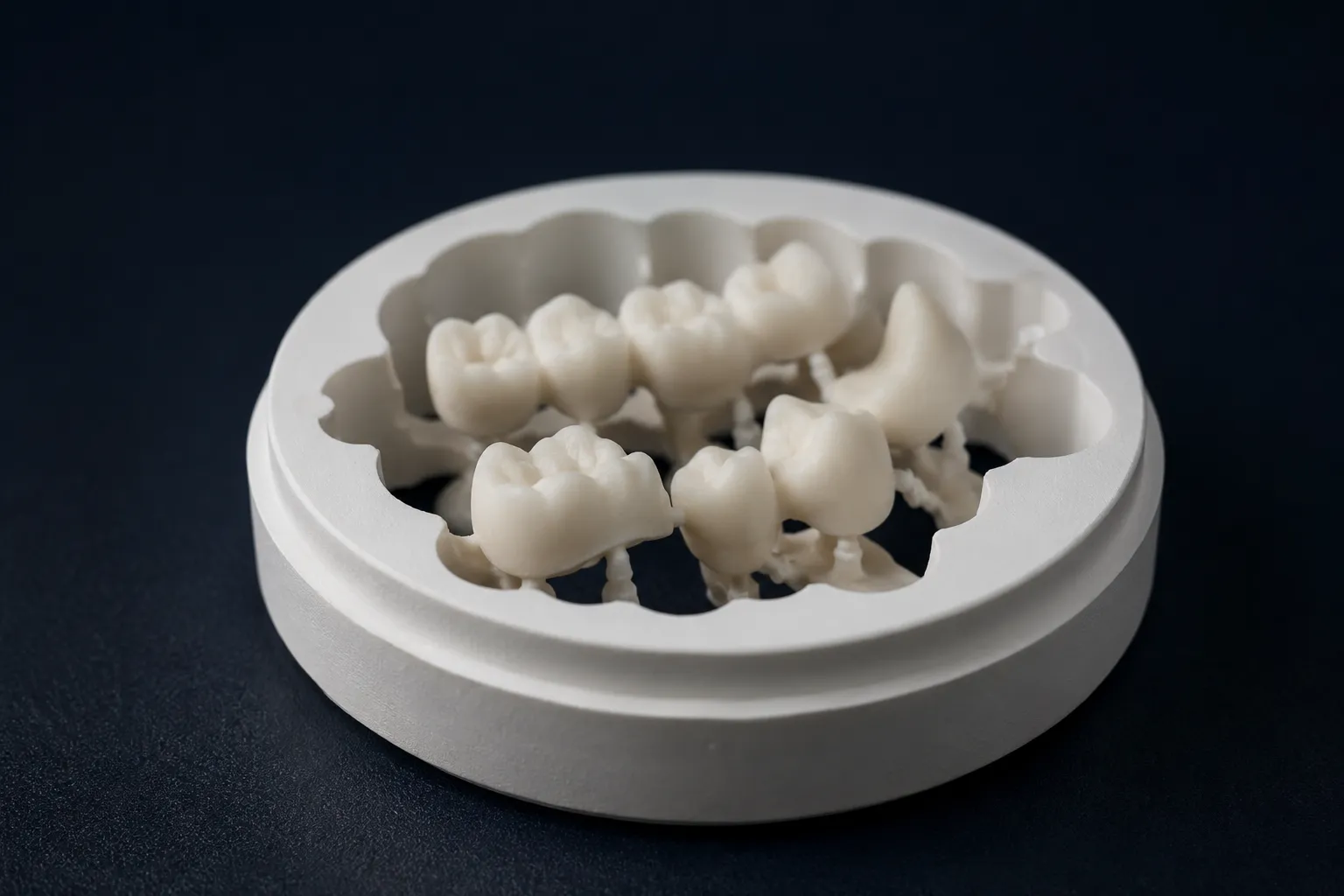 A milled white zirconia disc holding a cluster of crown copings